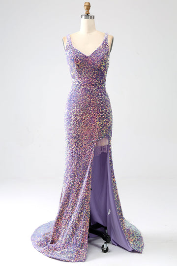 Sparkly Mermaid Light Purple Paillettes Prom Dress con fessura